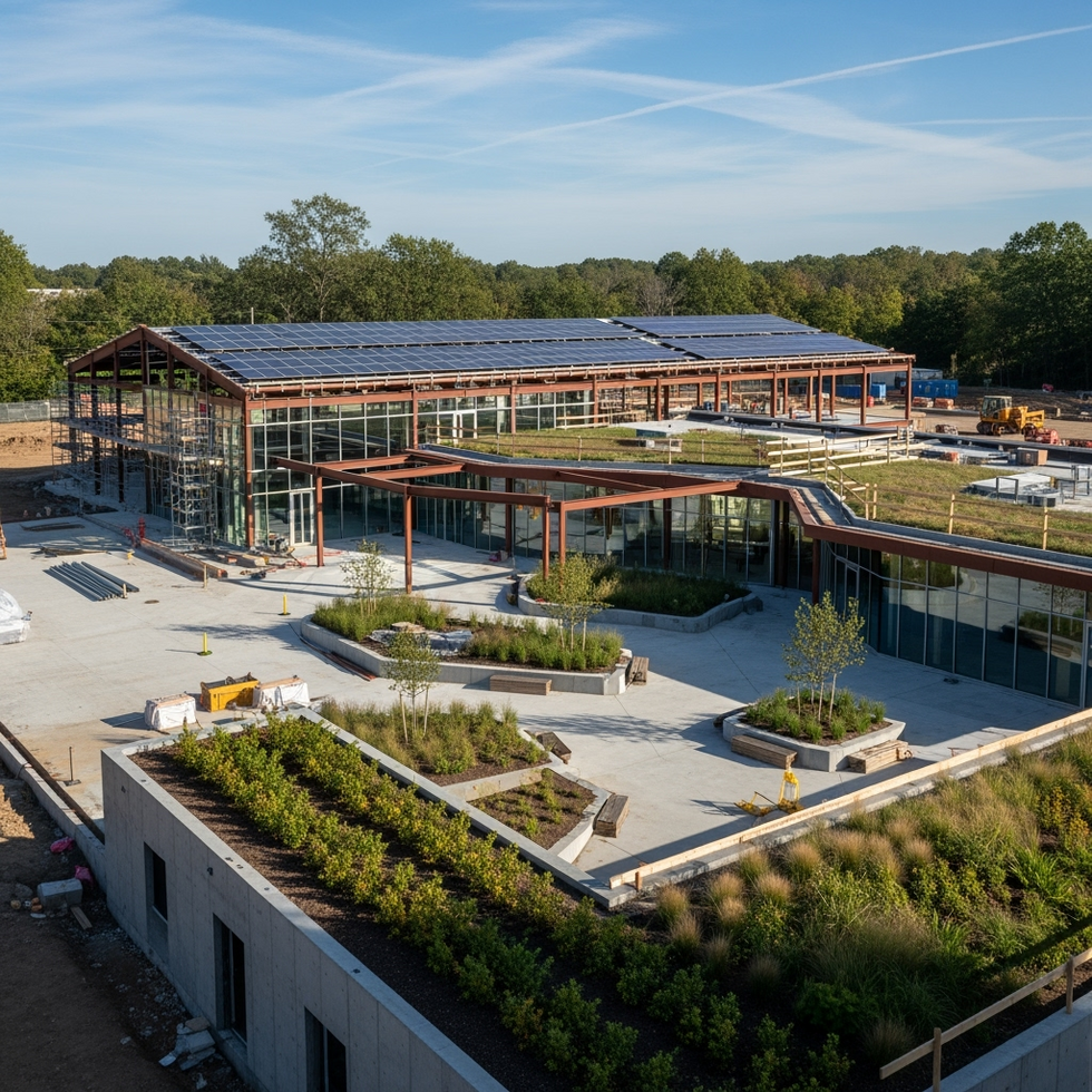 church design Architectural plans for a large, multi-purpose church with sustainable features and community spaces, set on an open lot under construction