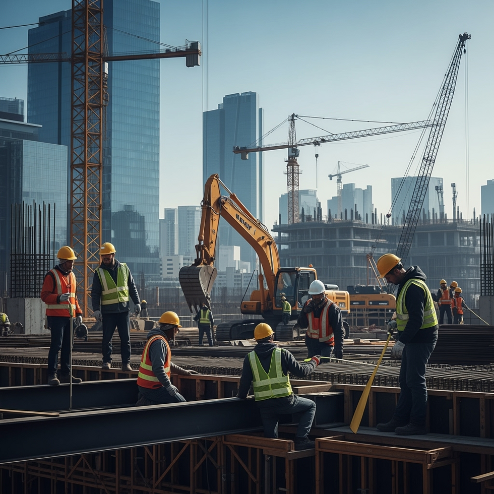 A detailed depiction of construction workers on site with a backdrop of a cityscape, emphasizing diversity and industry growth