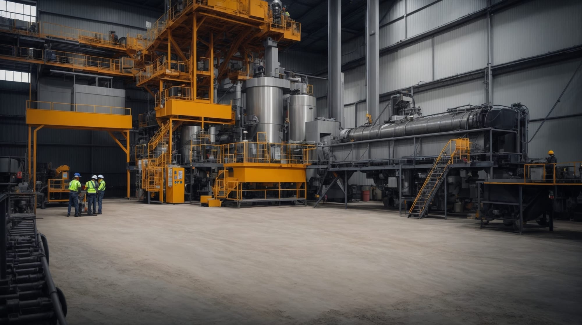 Industry workers operating advanced dry concrete batching plant equipment