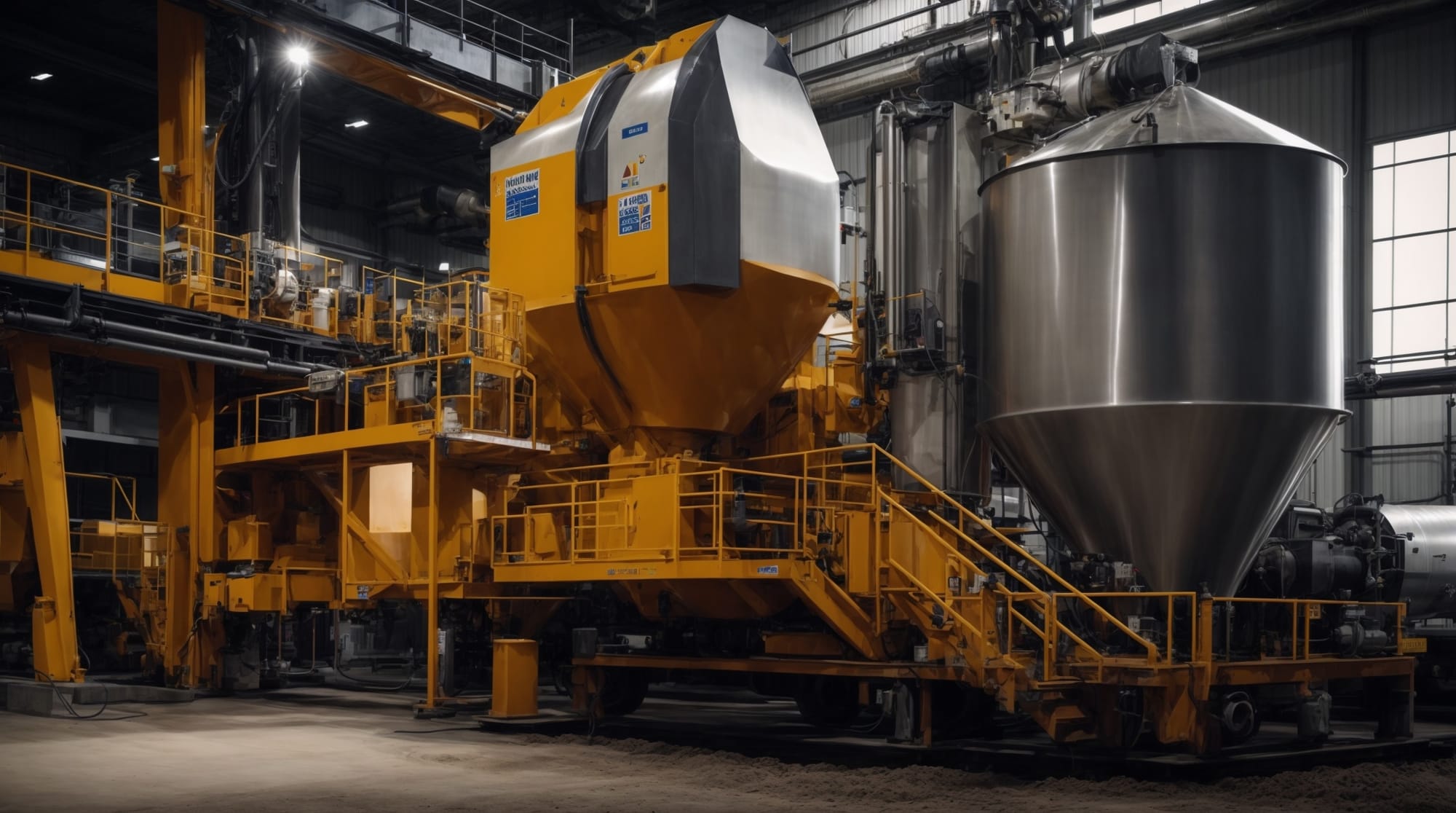 Automated concrete mixer in operation at a dry batching plant