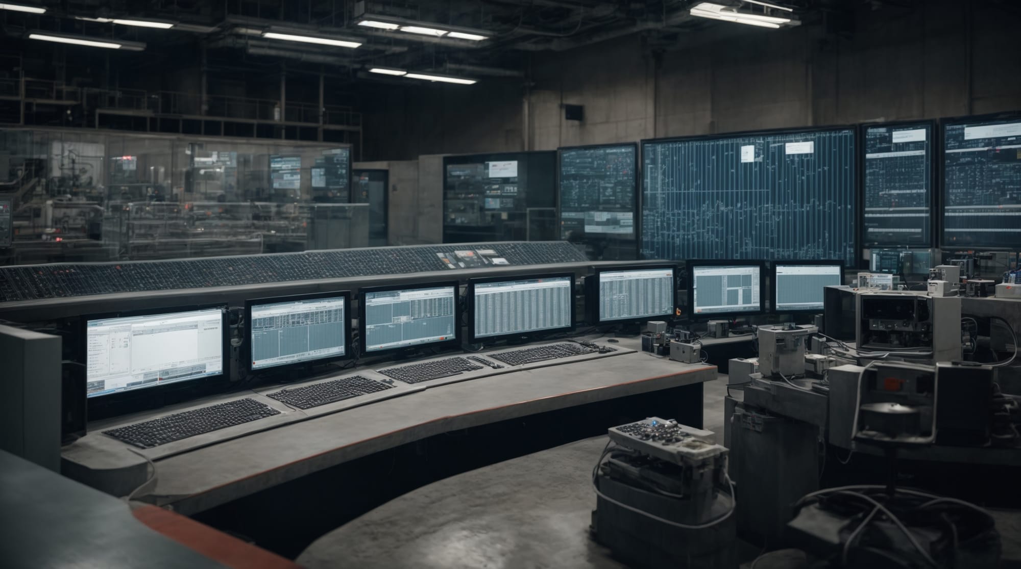 Control room of a fully automated dry concrete batching plant showing monitors and control systems.