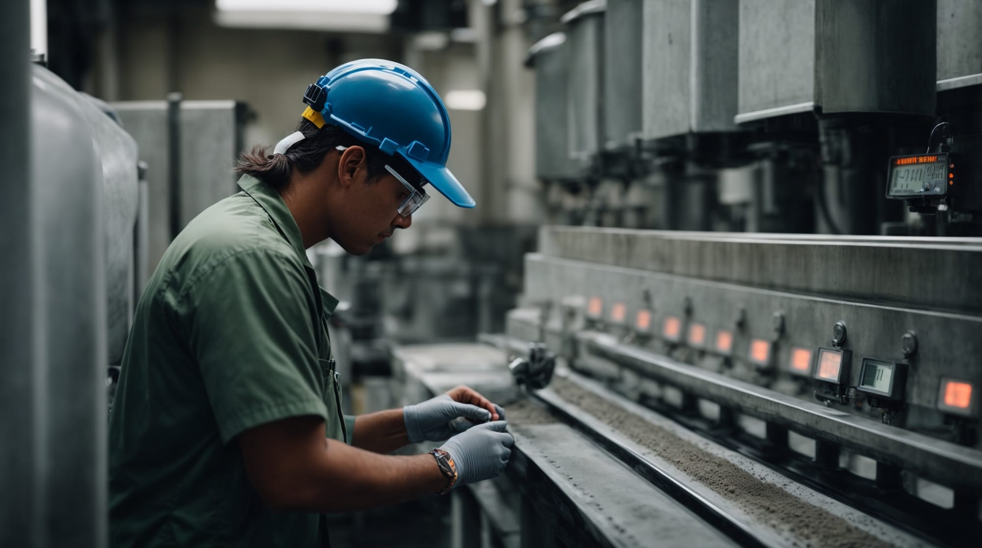 Technician calibrating the weighing system of a concrete batching plant.