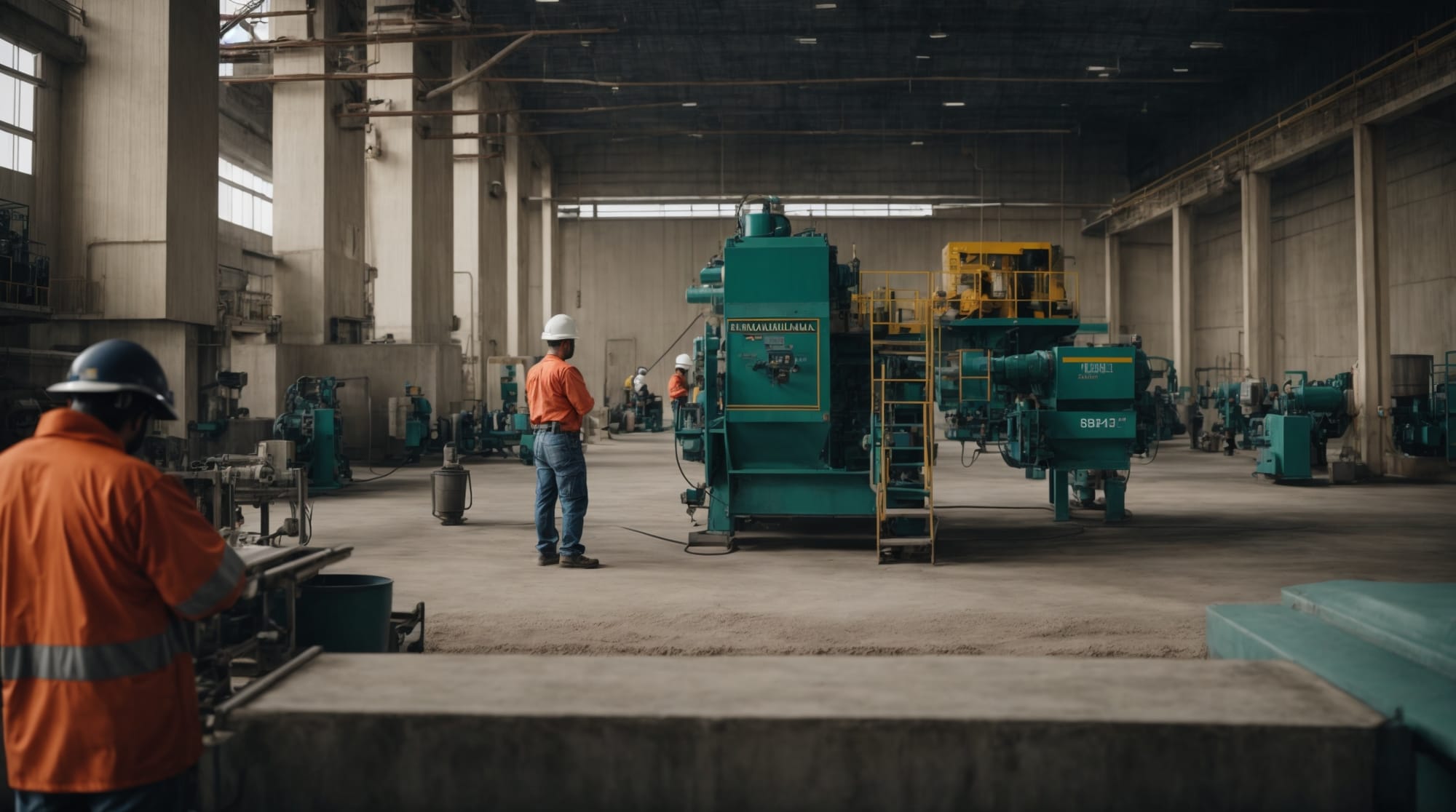 workers calibrating machinery in a concrete batching plant