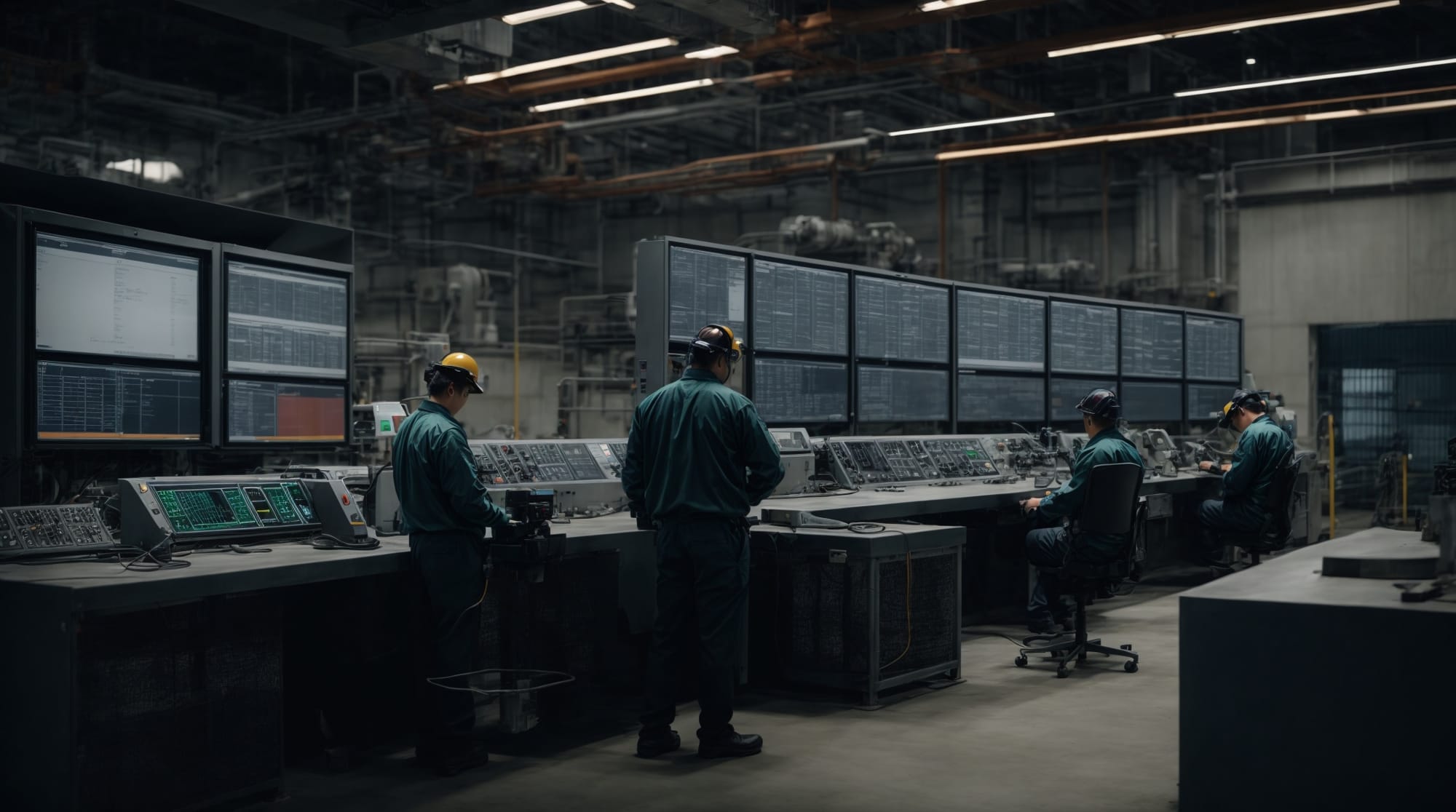 Technicians monitoring automated processes at a concrete batching plant control room.