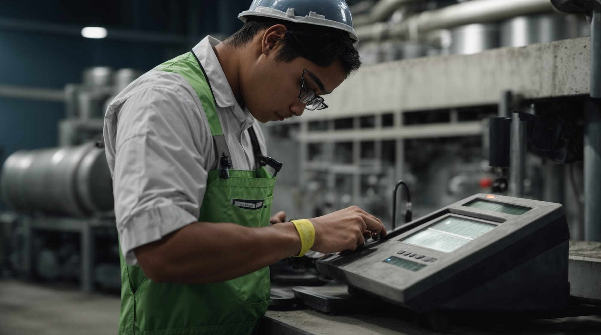 Technician calibrating the weighing scale in a dry concrete batching plant.