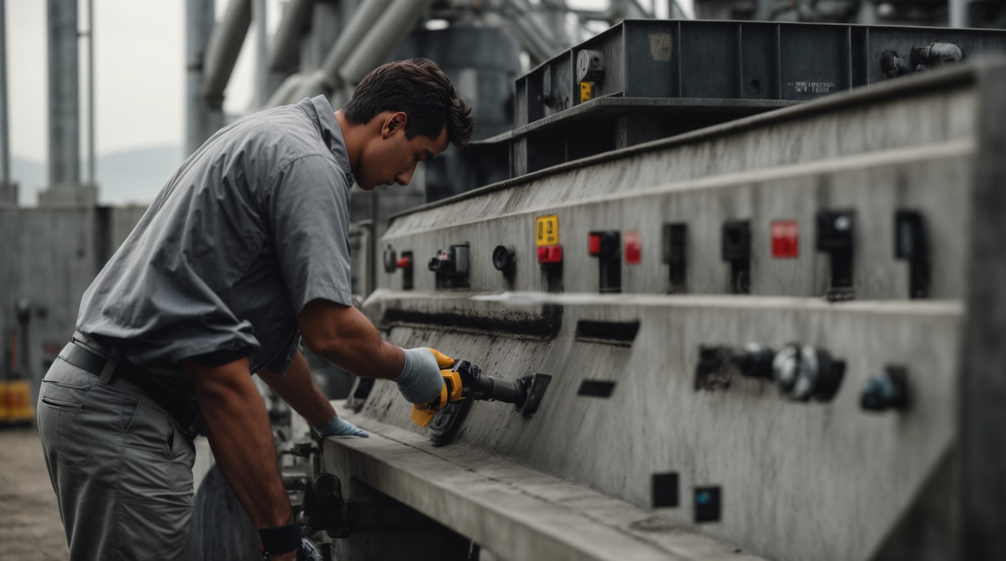 Technician adjusting metering controls in a concrete batching system