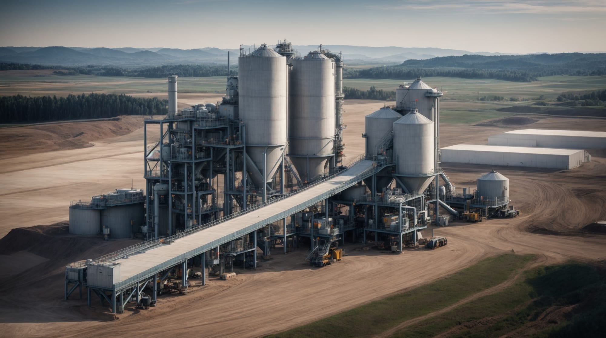 A modern dry concrete batching plant equipped with advanced automation systems.