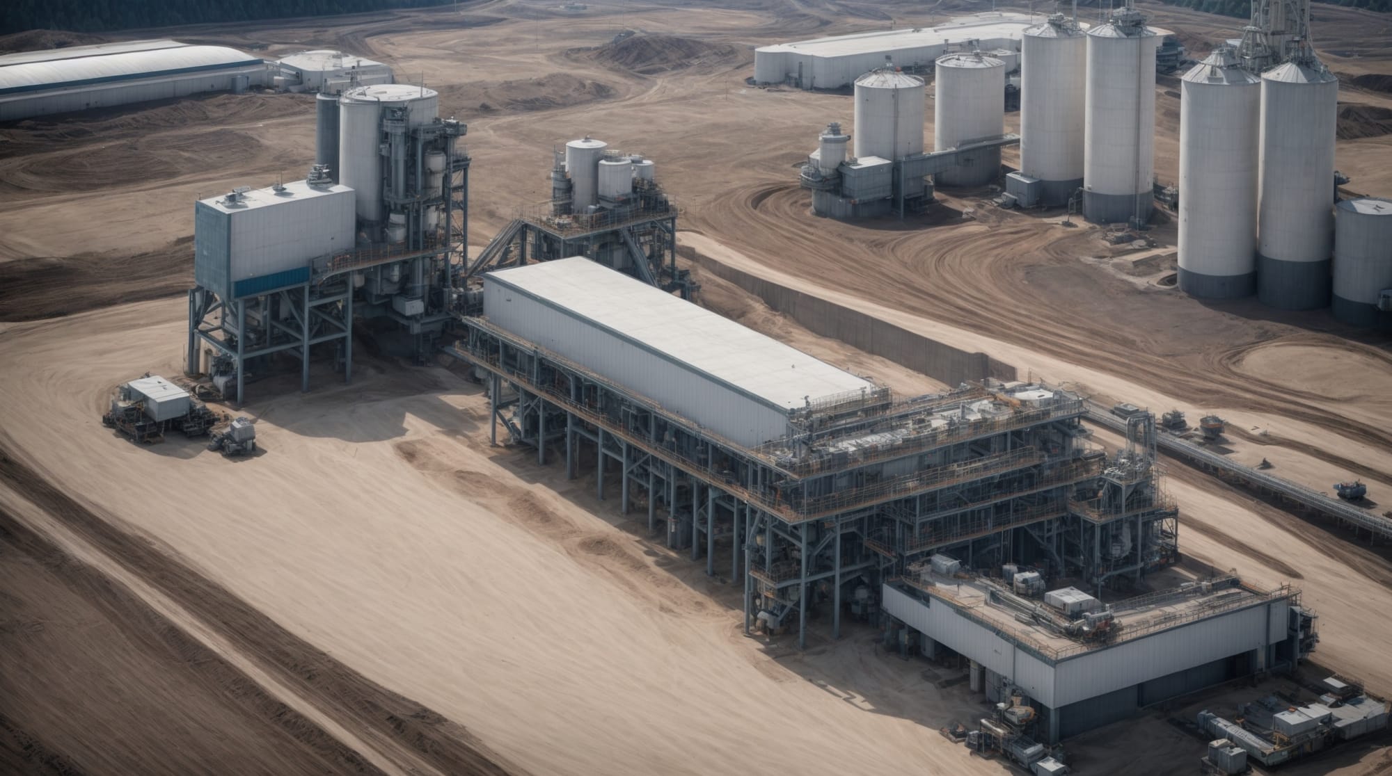 Aerial view of a modern dry concrete batching plant