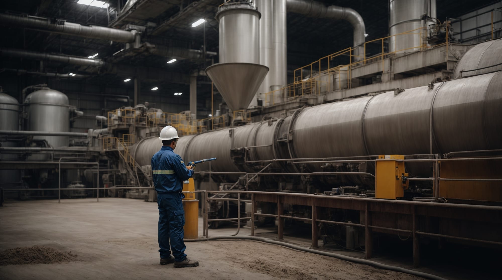 Maintenance technician checking machinery in a dry concrete batching plant