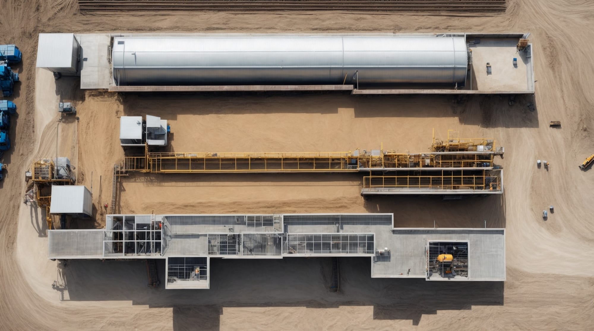 A top view of a modern dry concrete batching plant layout with labeled areas showing innovative features.