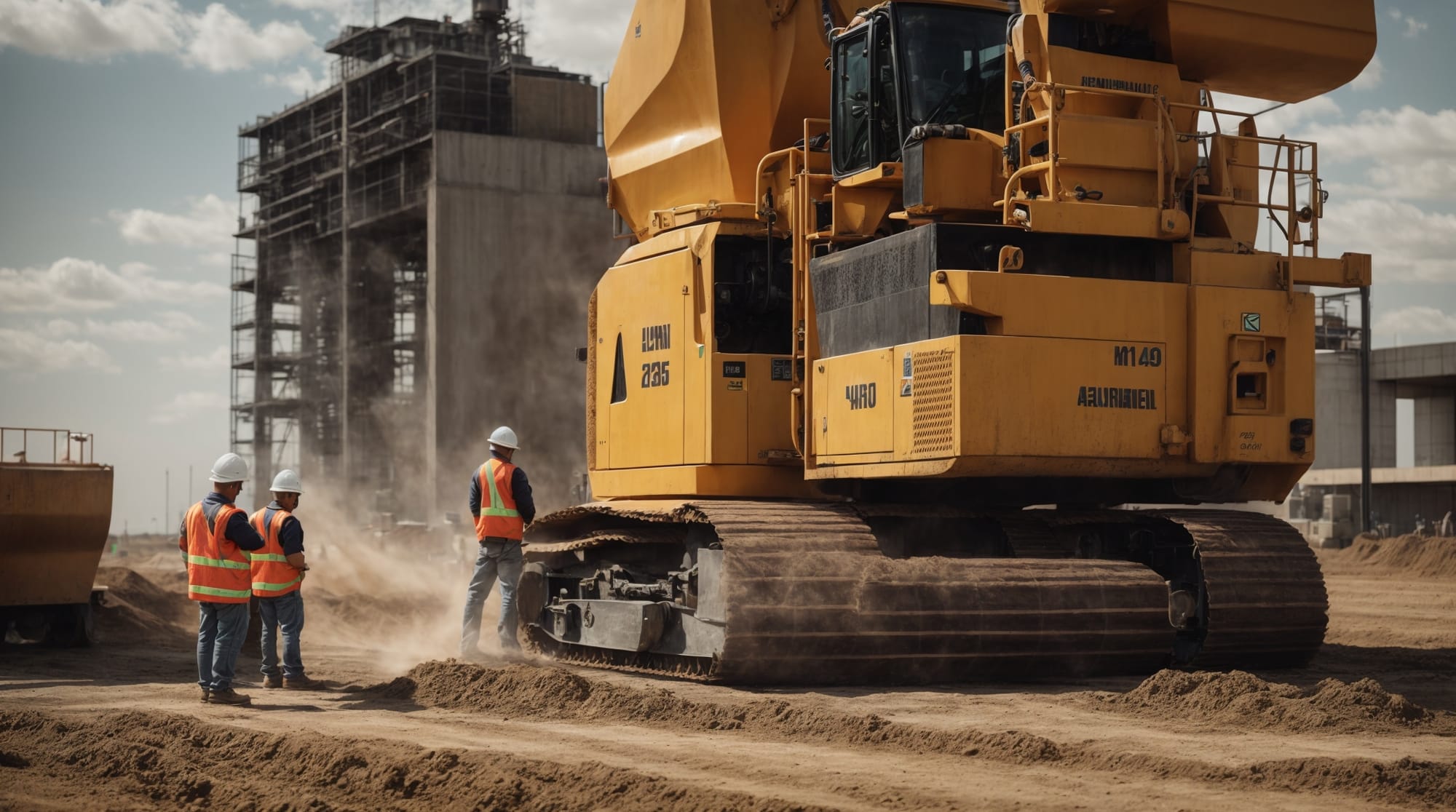 Operators monitoring concrete mixing process