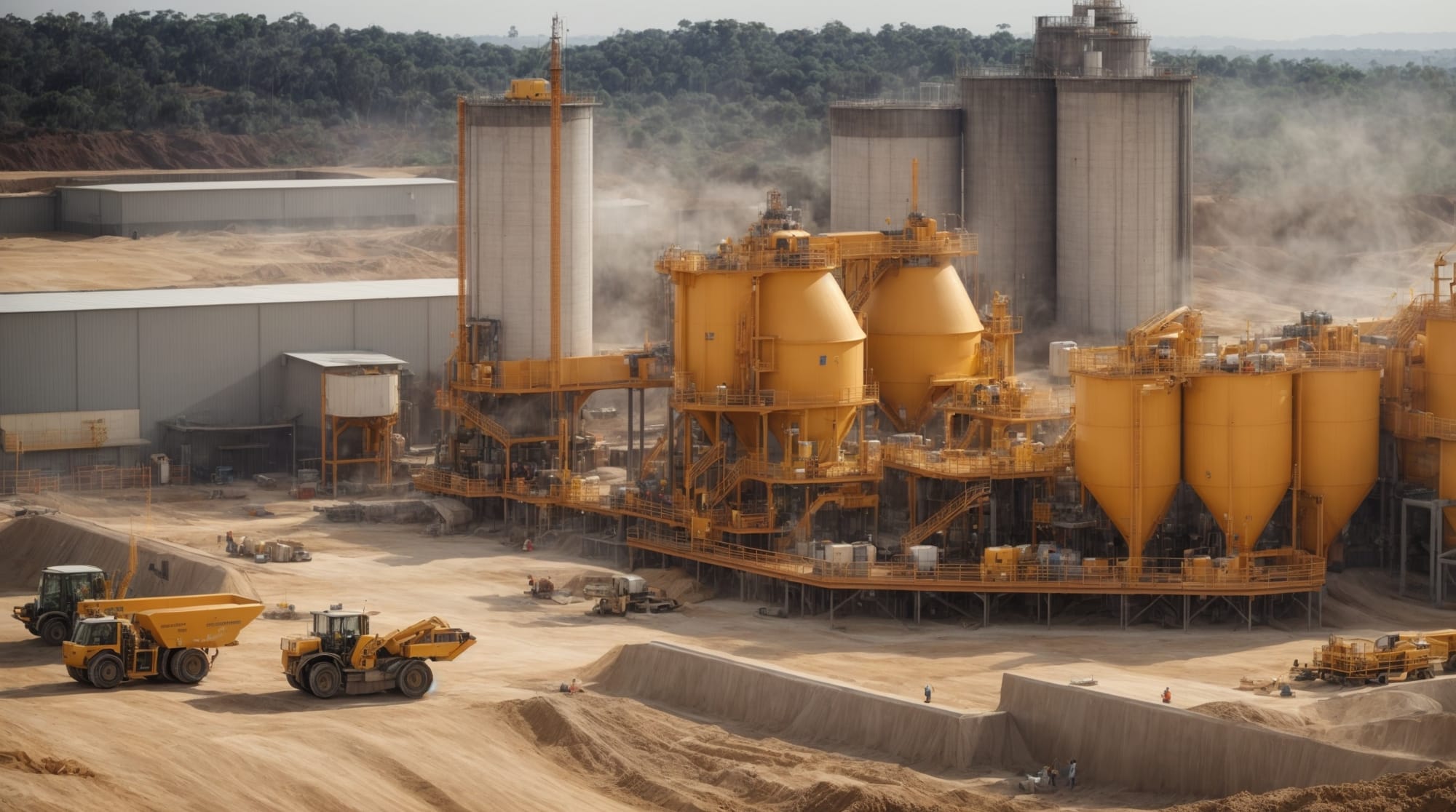 A panoramic image showing a large dry concrete batching plant in operation with workers monitoring the process.