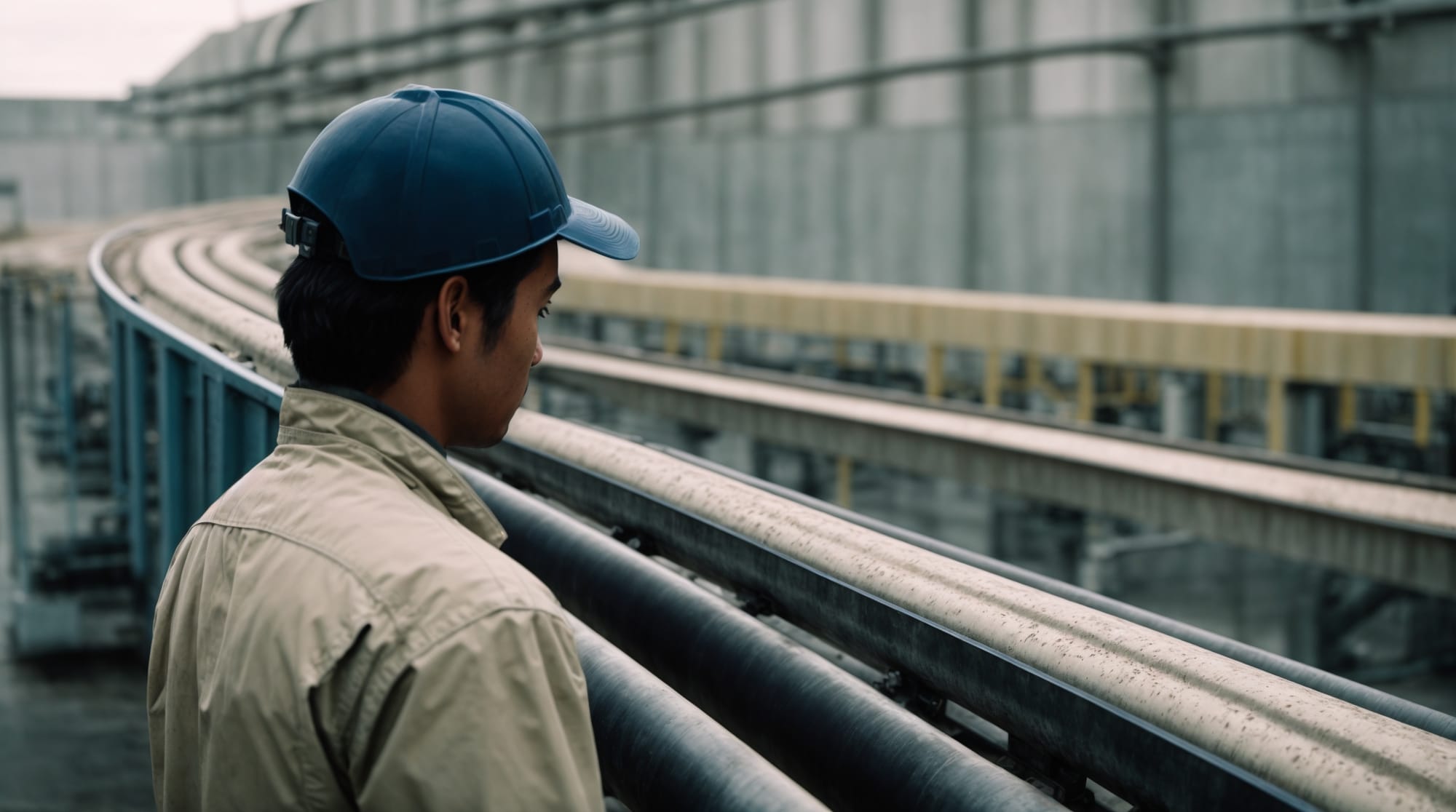 conveyor belts Technician checking the conveyor belts in a dry concrete batching plant