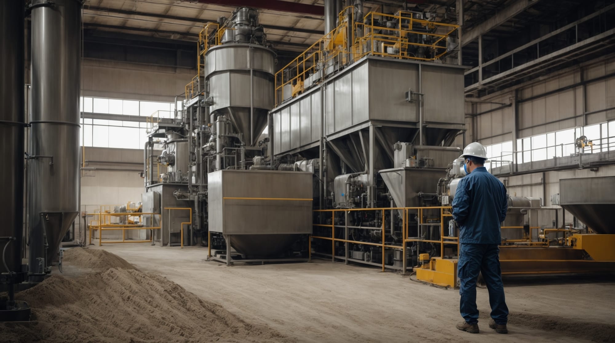Image showcasing a technician inspecting batching plant machinery as part of routine maintenance checks.