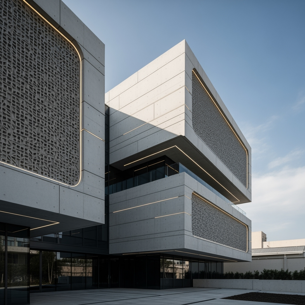 custom concrete facades Architectural render of a futuristic building showcasing custom concrete facades with intricate textures and embedded lighting features