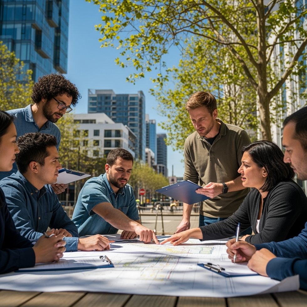 Photo of community members and transit officials discussing construction plans outdoors in Oakland