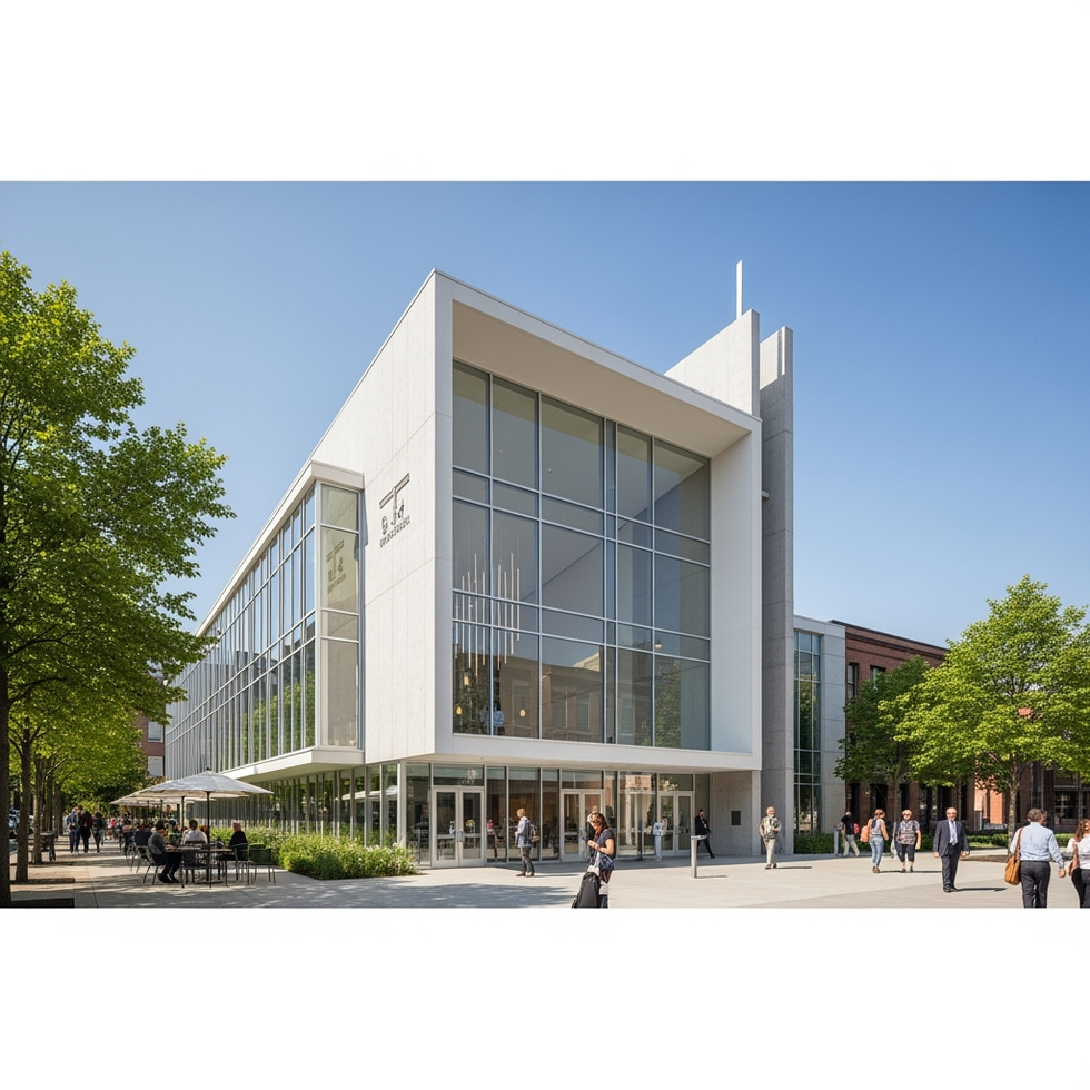 church architecture A modern church building with innovative architecture, bright lighting, and inclusive design, situated in a bustling community setting