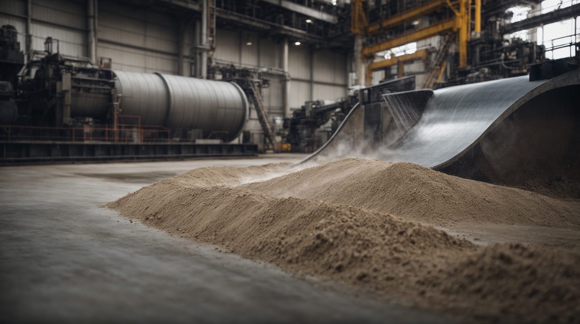 Close-up view of mixing blades in a dry concrete batching plant