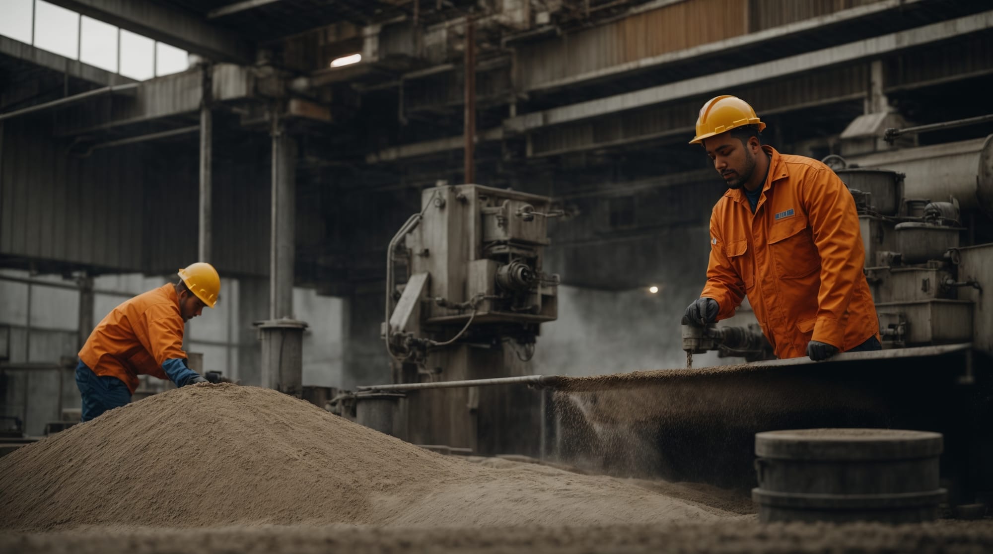 Technicians checking dry concrete batching machinery