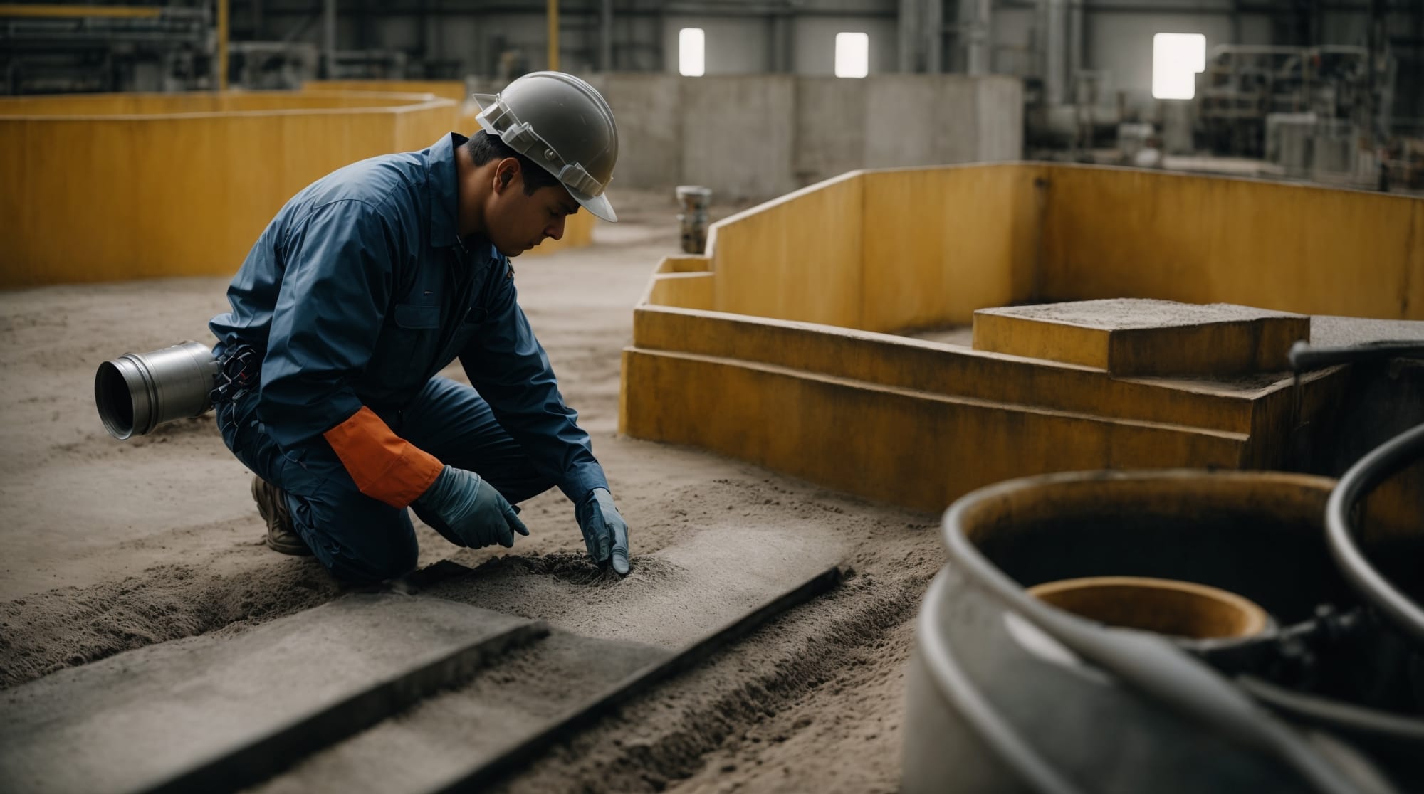 A technician inspecting parts of a dry concrete batching plant