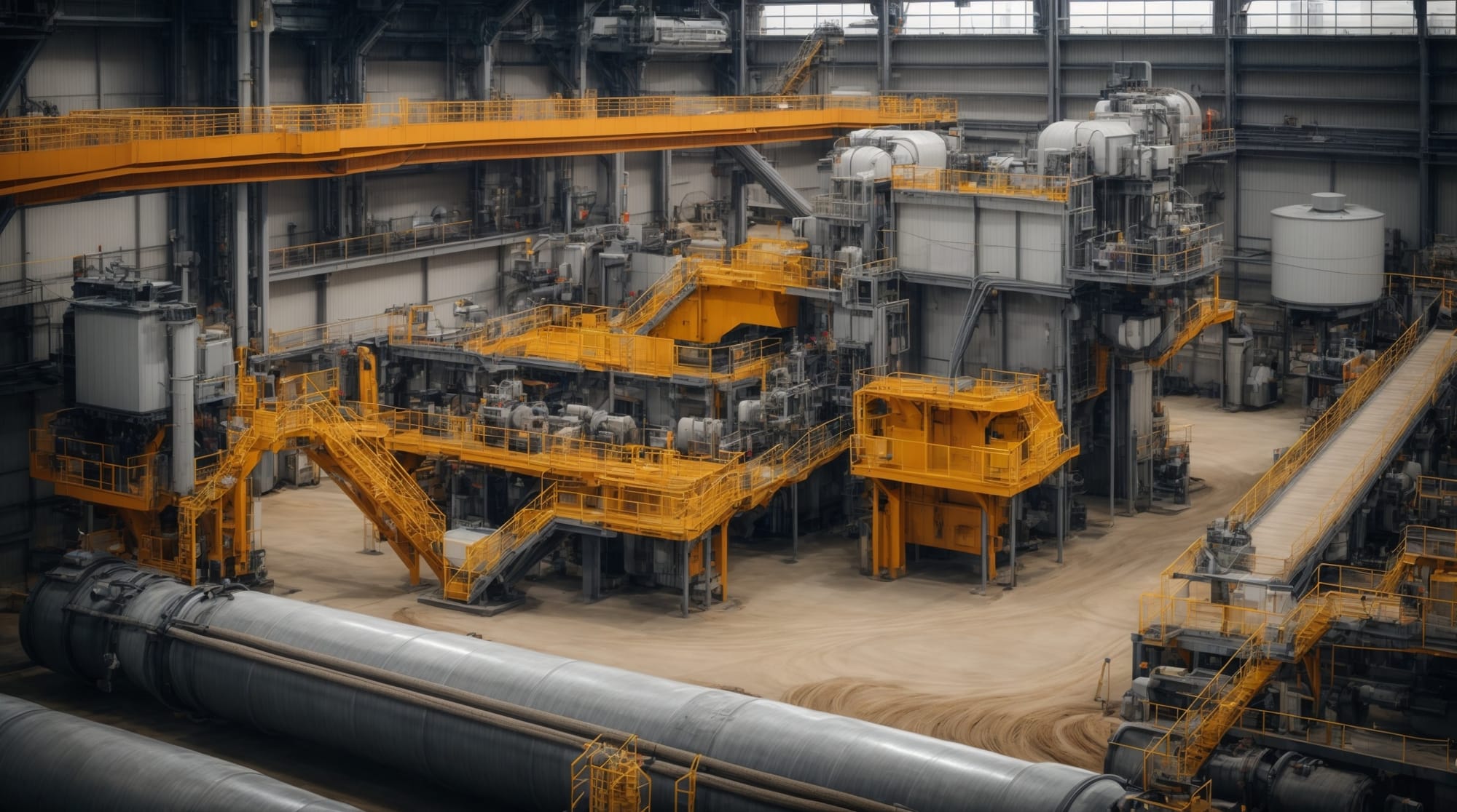 A close-up view of automated machinery and equipment in a state-of-the-art dry concrete batching plant.