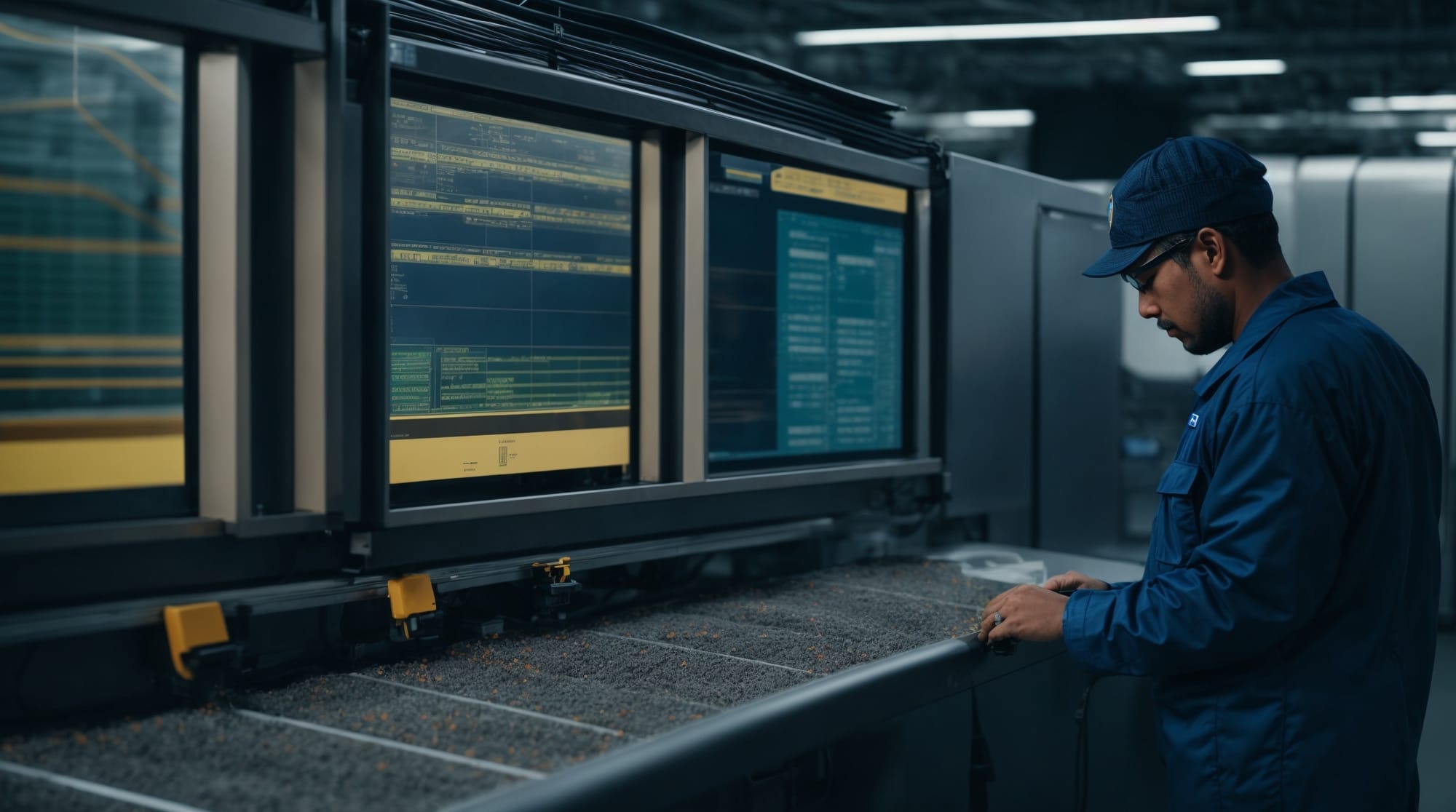 Technician checking the advanced diagnostic tools in a batching plant control room