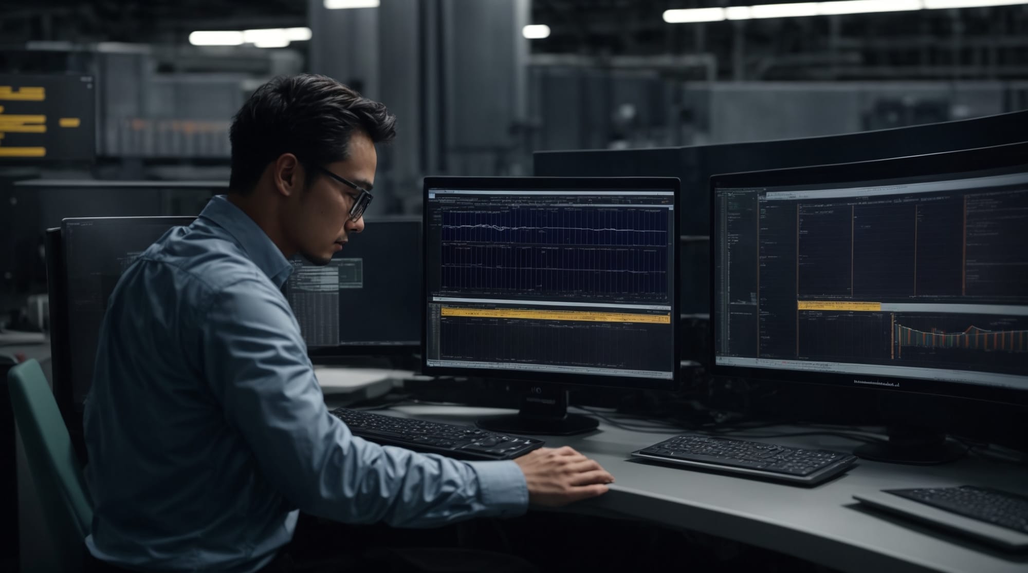 Engineer monitoring real-time data on a computer at a batching plant