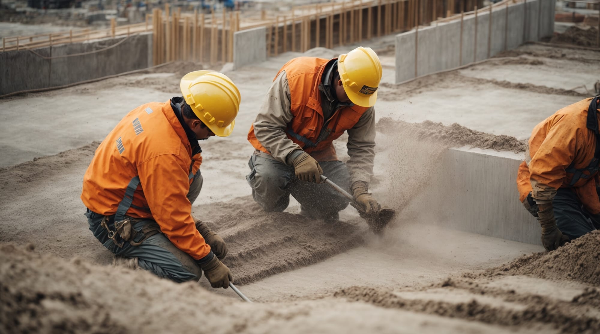 construction workers pouring sustainable advanced concrete at a building site