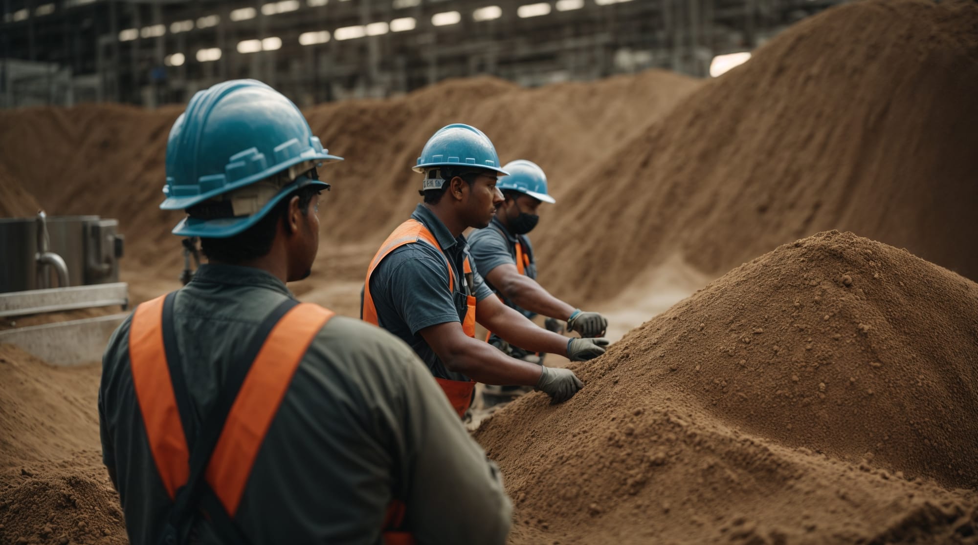 Construction workers monitoring a custom mix at a batching plant