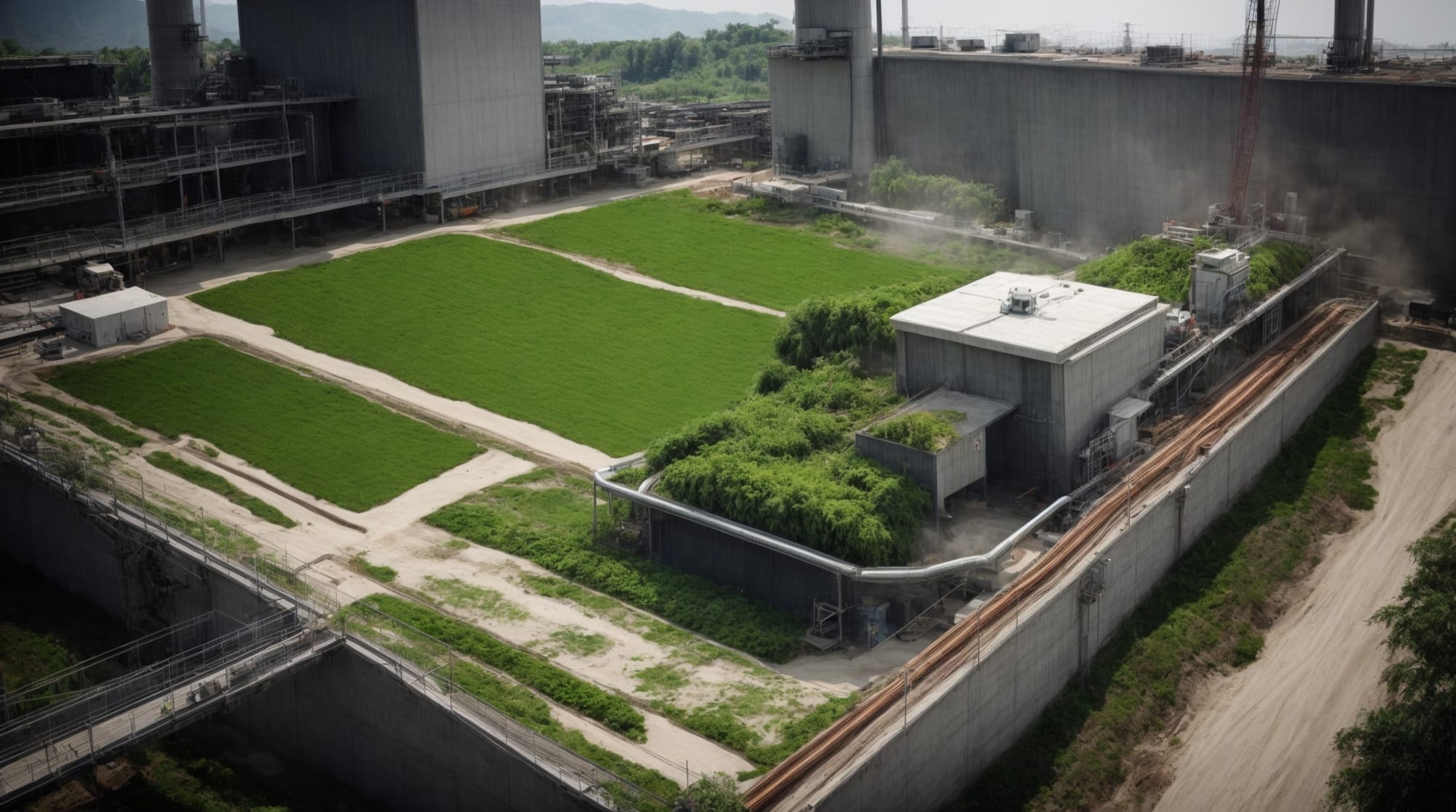 Eco-friendly technology and green plants at a concrete batching facility