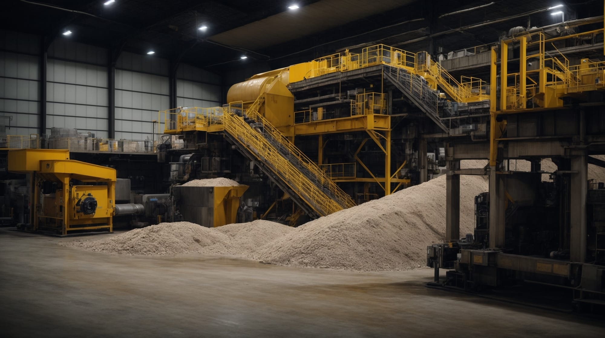 Recycled materials being processed for use in a dry concrete batching plant