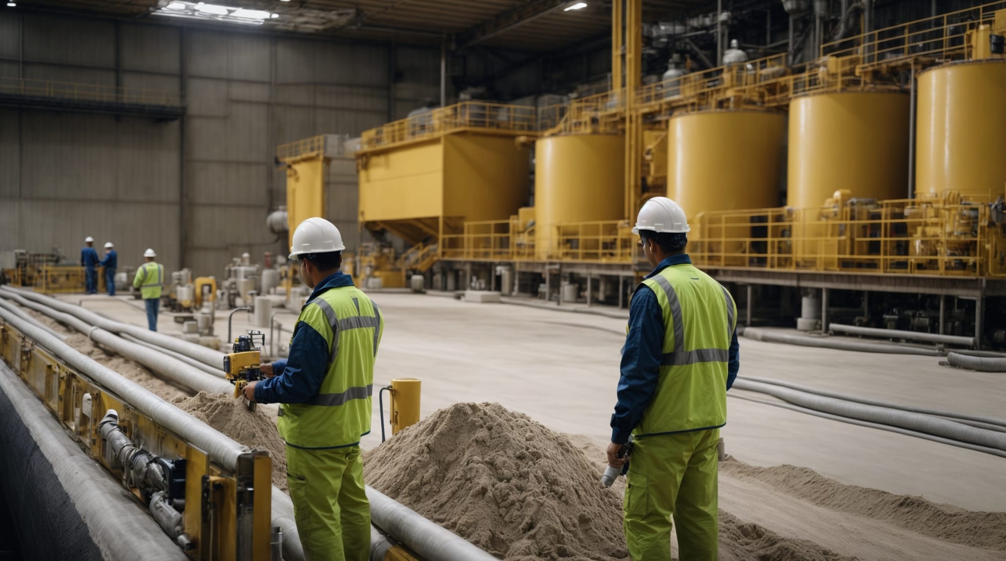 Technicians at a dry concrete batching plant implementing sustainable practices such as using supplementary cementitious materials