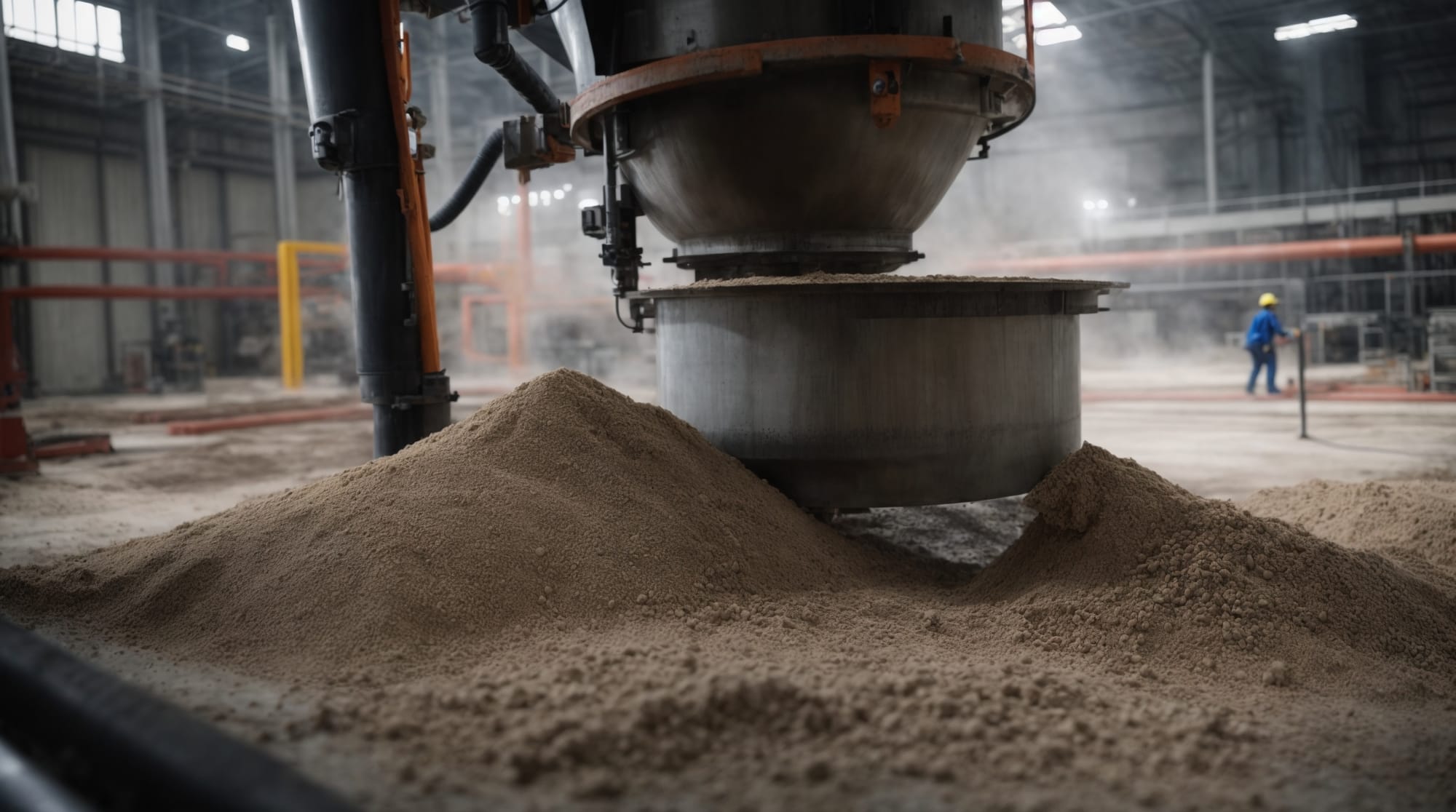 a close-up view of ultra-high performance concrete being mixed in a modern dry batching plant