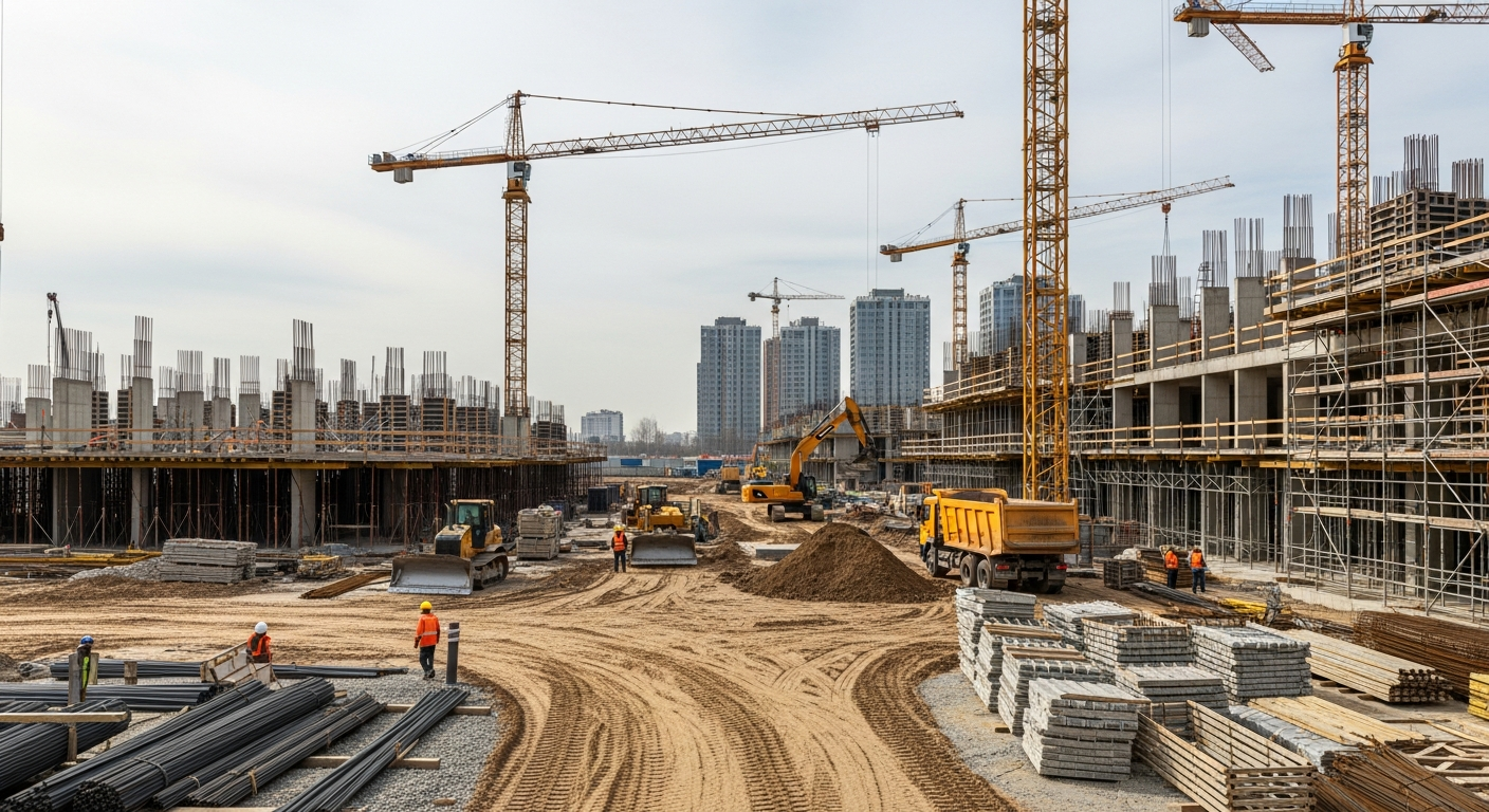 A modern, spacious construction site with various concrete batching plants in operation, showing engineers inspecting equipment under bright lighting in a sleek, contemporary setting.
