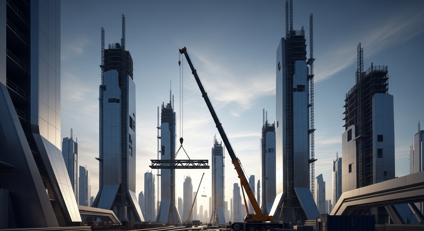 Futuristic construction site with autonomous trucks, robotic arms, and digital interfaces controlling concrete batching processes under a bright sky.