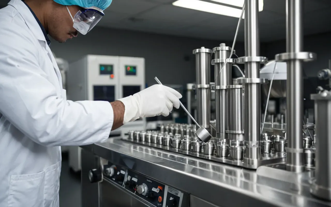 A close-up shot of a white laboratory technician wearing protective gloves inspecting stainless steel pharmaceutical mixing equipment with precision tools. Clean room environment.