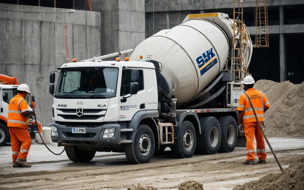 concrete pouring A close-up view of a concrete mixer truck pouring fresh concrete onto a foundation site, with steel rebar visible, workers in safety gear in the background, golden hour lighting, realistic construction scene