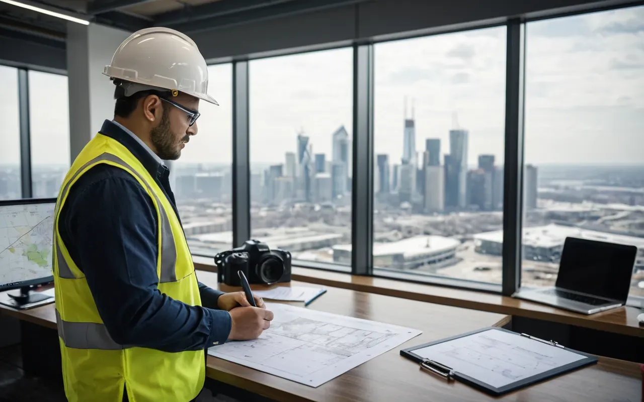 A construction engineer reviewing blueprints on a clipboard in a modern office with large windows overlooking a city skyline, professional attire, soft daylight, realistic photography