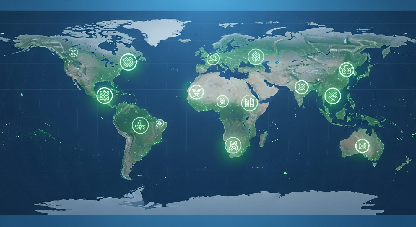A global map featuring highlighted construction hubs with glowing icons, symbolizing emerging centers of innovation in sustainable concrete technology.