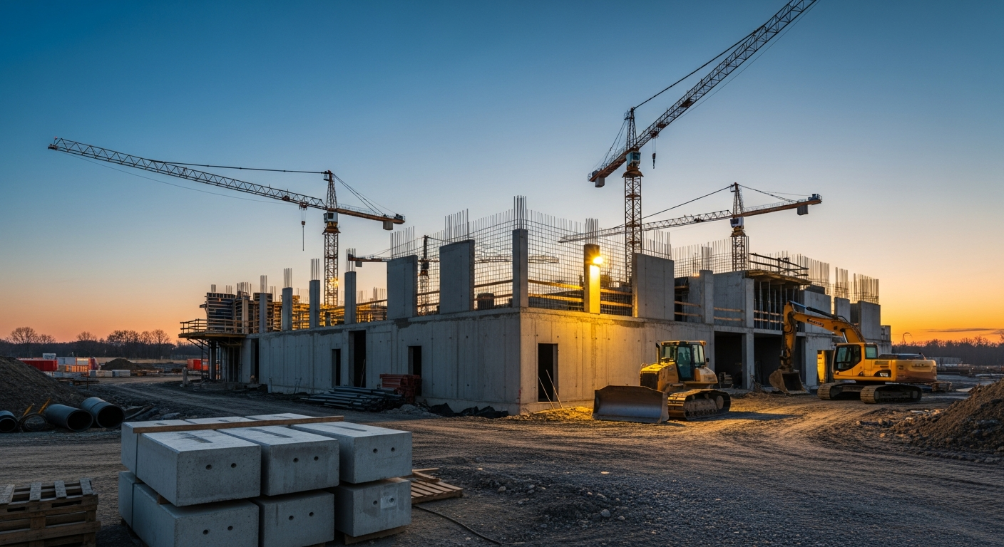 A modern construction site featuring state-of-the-art dry concrete batching plants actively mixing materials for a large infrastructure project, with workers monitoring the process in bright daylight.