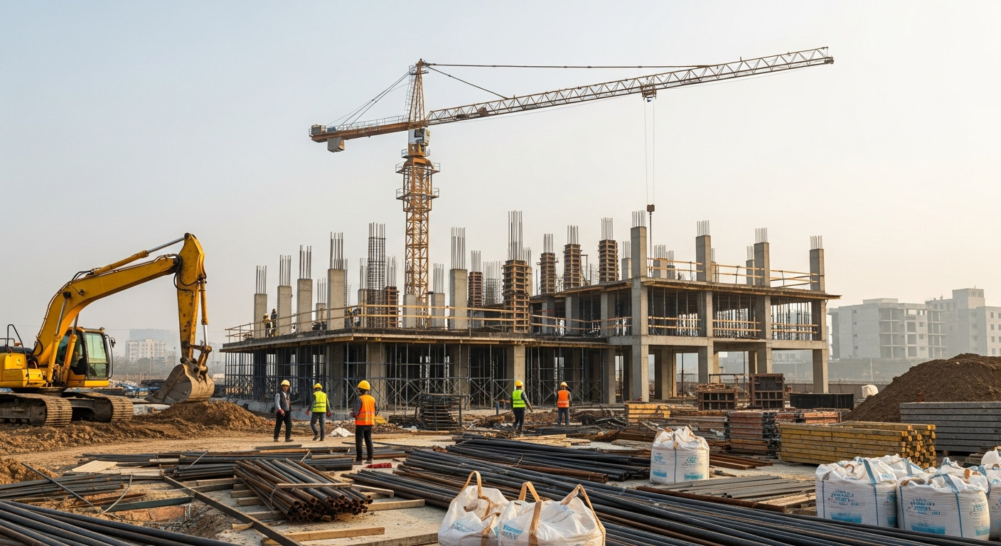 A modern construction site with a large onsite pre-mixing concrete plant, workers operating equipment, and fresh concrete being prepared efficiently under bright daylight.
