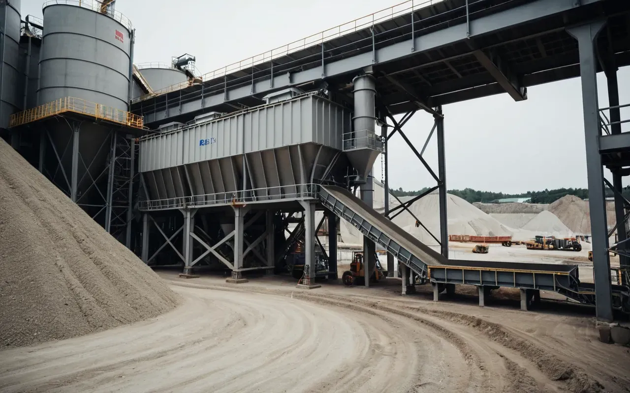 dry concrete batching plant A modern dry concrete batching plant in operation on a construction site, with large metal hoppers and conveyor belts, surrounded by piles of sand and gravel under a bright blue sky, no people visible, realistic industrial setting