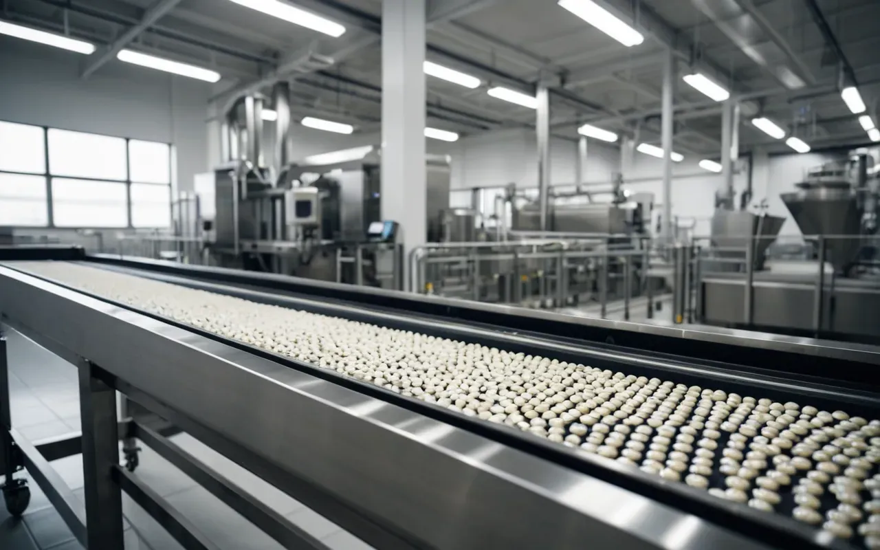 A modern pharmaceutical factory interior with stainless steel machinery and automated conveyor belts moving dry powder capsules under bright clean room lighting. No people visible.