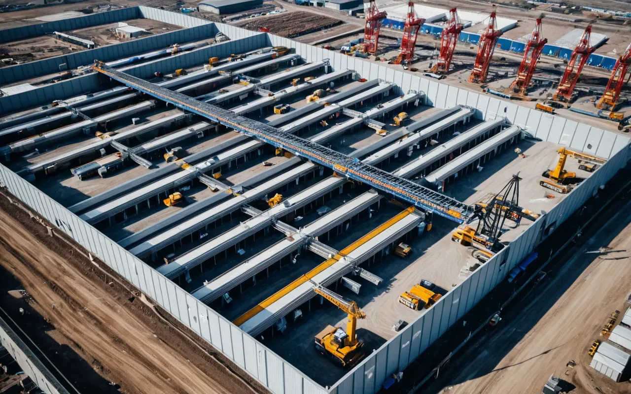 Aerial view of a large modern construction site with multiple cranes and organized material storage areas, clear weather, high-angle shot, realistic architectural photography