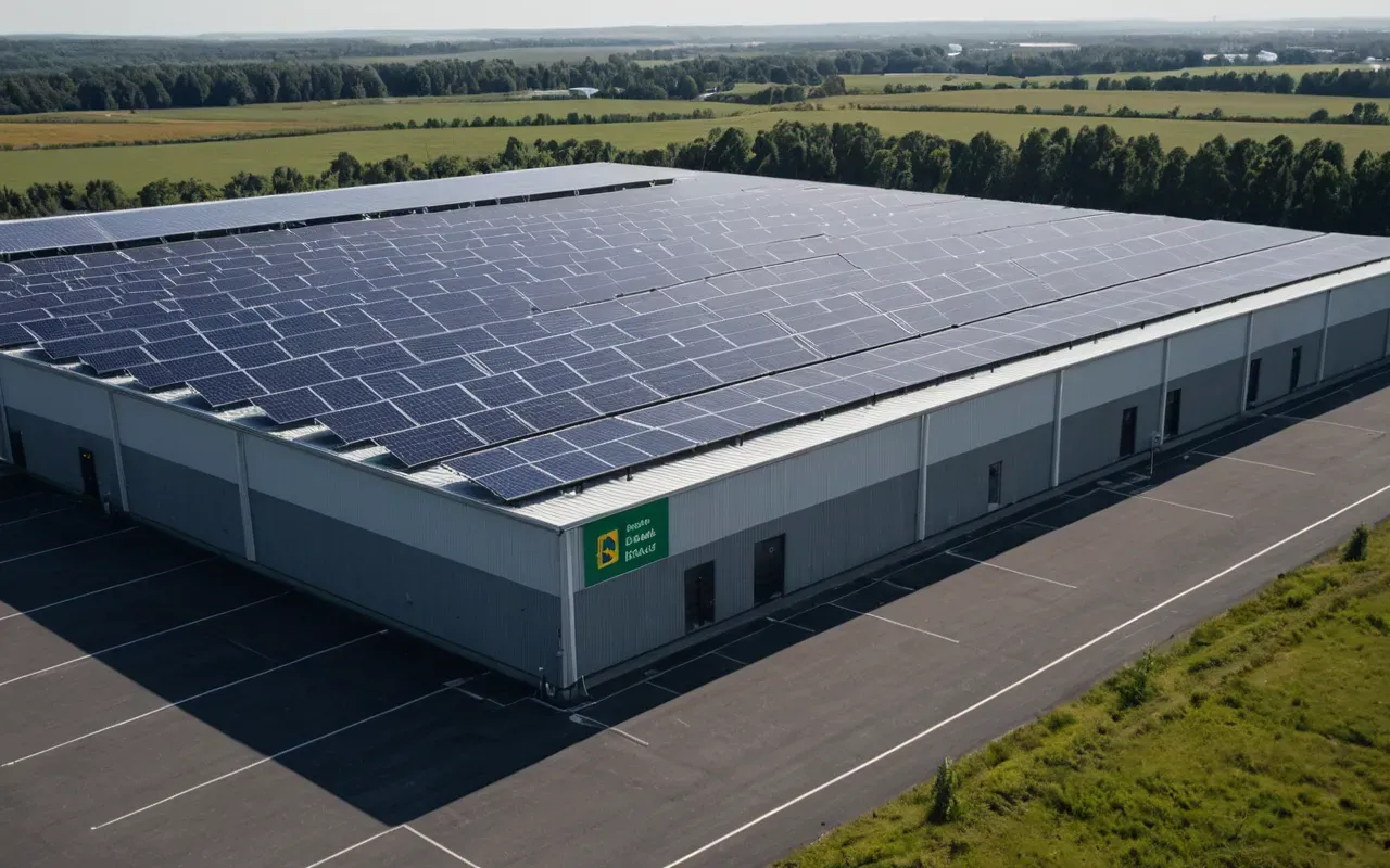 eco-friendly concrete Clean editorial photograph depicting modern sustainable industrial facility exterior featuring solar panels installed on roof surface alongside recycling stations clearly visible near entrance area bathed in soft natural daylight conditions emphasizing environmental responsibility visually