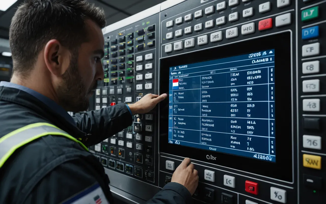 batch plant maintenance Close-up editorial photograph showing skilled operator inspecting control panel interface with digital displays indicating system status alongside stainless steel mixing drums illuminated by cool white industrial lighting emphasizing precision engineering visually clearly without text overlays present anywhere visibly distracting attention away from machinery details shown prominently foregrounded sharply focused composition balanced naturally