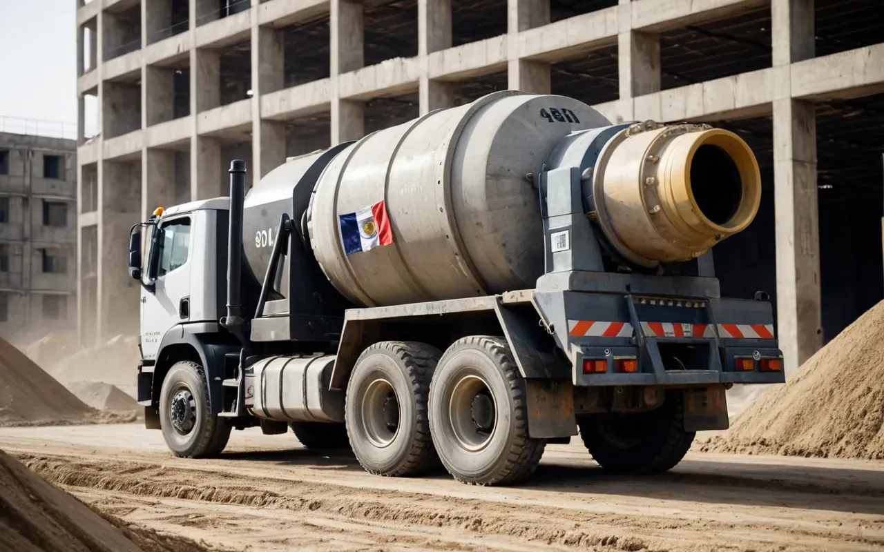 concrete truck operations Close-up of a concrete truck mixer rotating on a dusty construction site with a worker checking equipment in the background under bright daylight