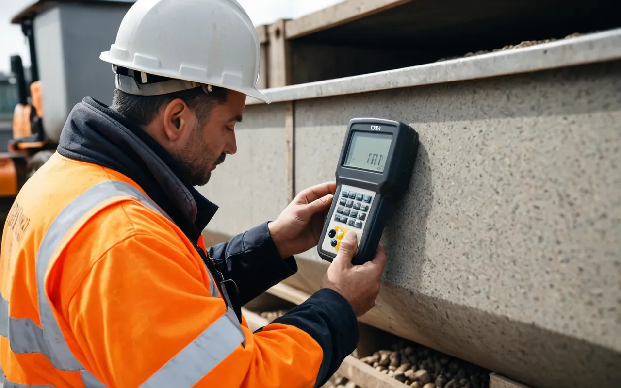 concrete quality control Close-up of a construction worker checking moisture content in aggregate bins with a handheld digital meter under bright daylight with a blurred industrial background