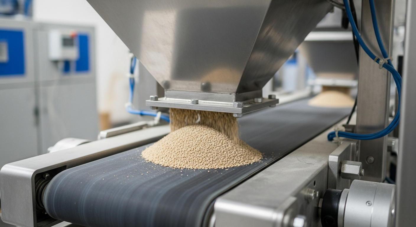 Close-up of a high-precision weighing hopper and conveyor system in a dry batching plant with focus on uniform feed processes
