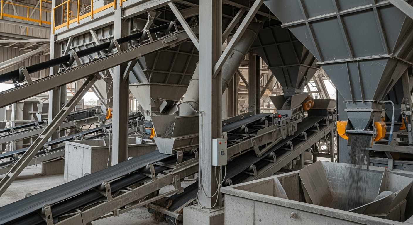 Close-up of a modern dry concrete batching plant showing the internal chutes and conveyors in operation, highlighting material flow pathways